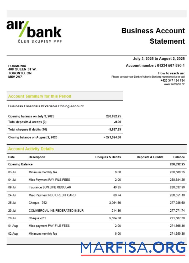 Blank Air bank business organization checking statement Word and PDF format example